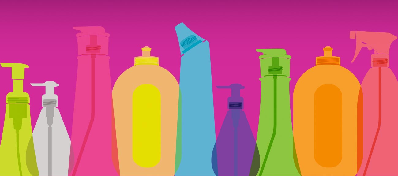 Stylized drawings of various spray bottles lined up