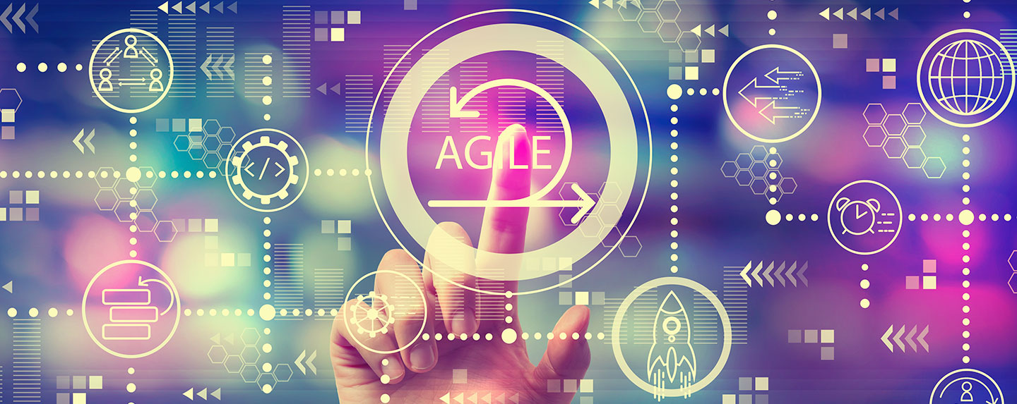 graphic with hand touching the word "agile" on multicolor background
