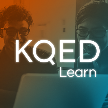 Image of people gathered around laptop with an orange to blue color filter over the whole image with white text saying "KQED Learn"