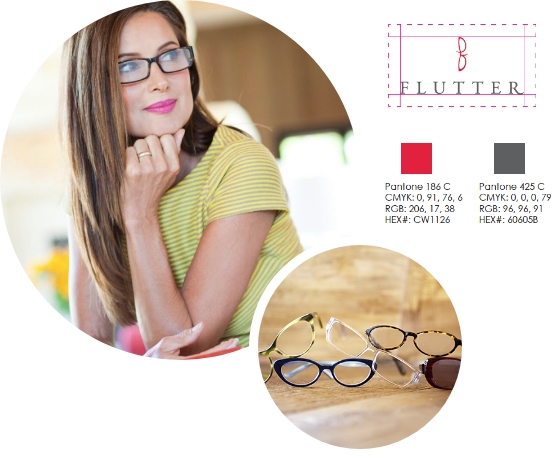 Three sections, first a woman wearing glasses, then a pile of glasses on a wooden surface, and third red/black color swatches