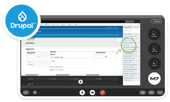 Image of Zoom call screen with drawings to show training, drupal logo in top left