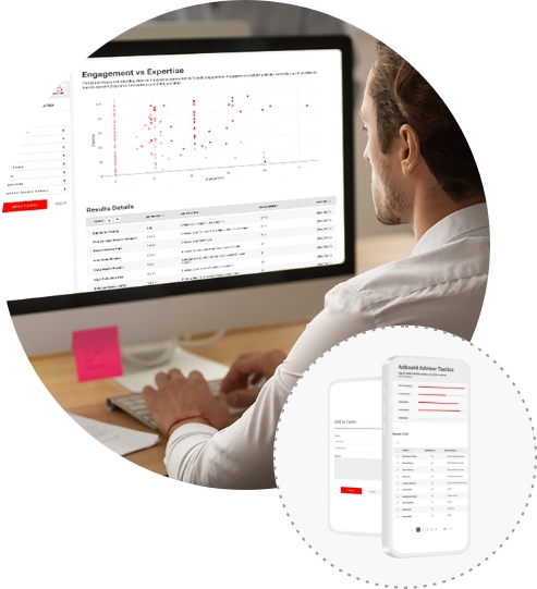 over the shoulder shot of man working at computer with a scatter plot and table on the screen, lower right shows example phone images of similar data