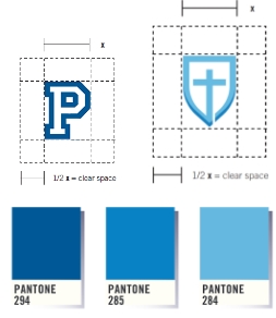 Technical drawing of two logo icons as well as three shades of blue color swatches