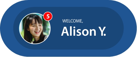 A blue pill shape design element with an image of a student's face, a red notification indicator, and the text "Welcome, Alison Y." on the right