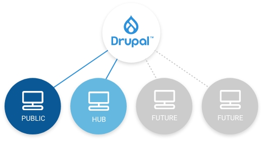 The Drupal logo with four elements beneath it: "public", "hub", "future", and "future"