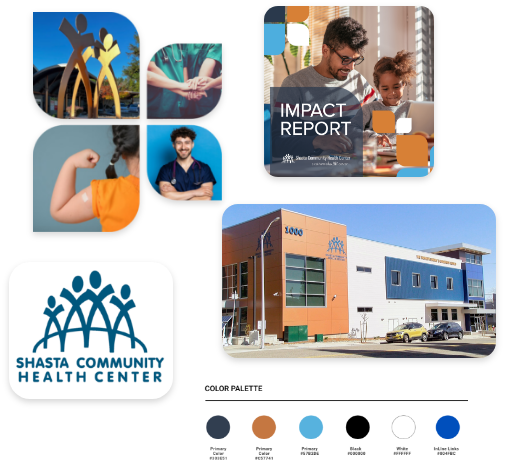 Collage featuring the Shasta Community Health Center logo, various healthcare images, and the health center's modern building.
