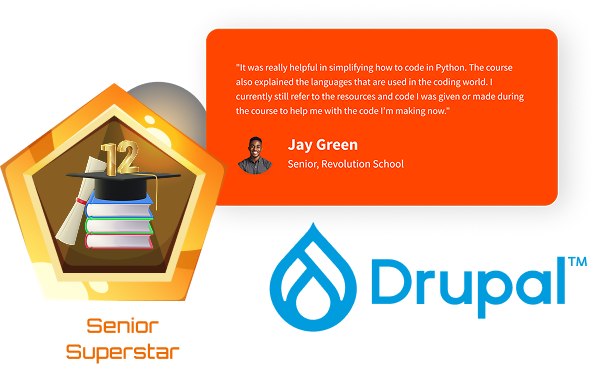 senior testimonial and Drupal logo