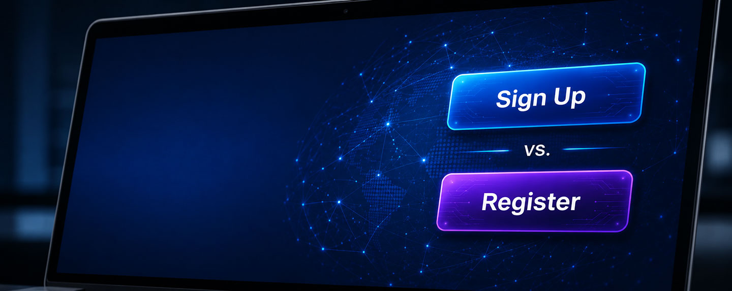 Graphic showing two glowing pill-shaped buttons — a blue "Sign Up" button and a purple "Register" button — separated by the word "vs." against a dark blue background with a digital network pattern