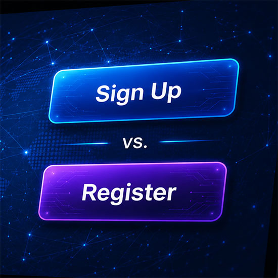 Graphic showing two glowing pill-shaped buttons: a blue "Sign Up" button and a purple "Register" button, separated by the word "vs." against a dark blue background with a digital network pattern