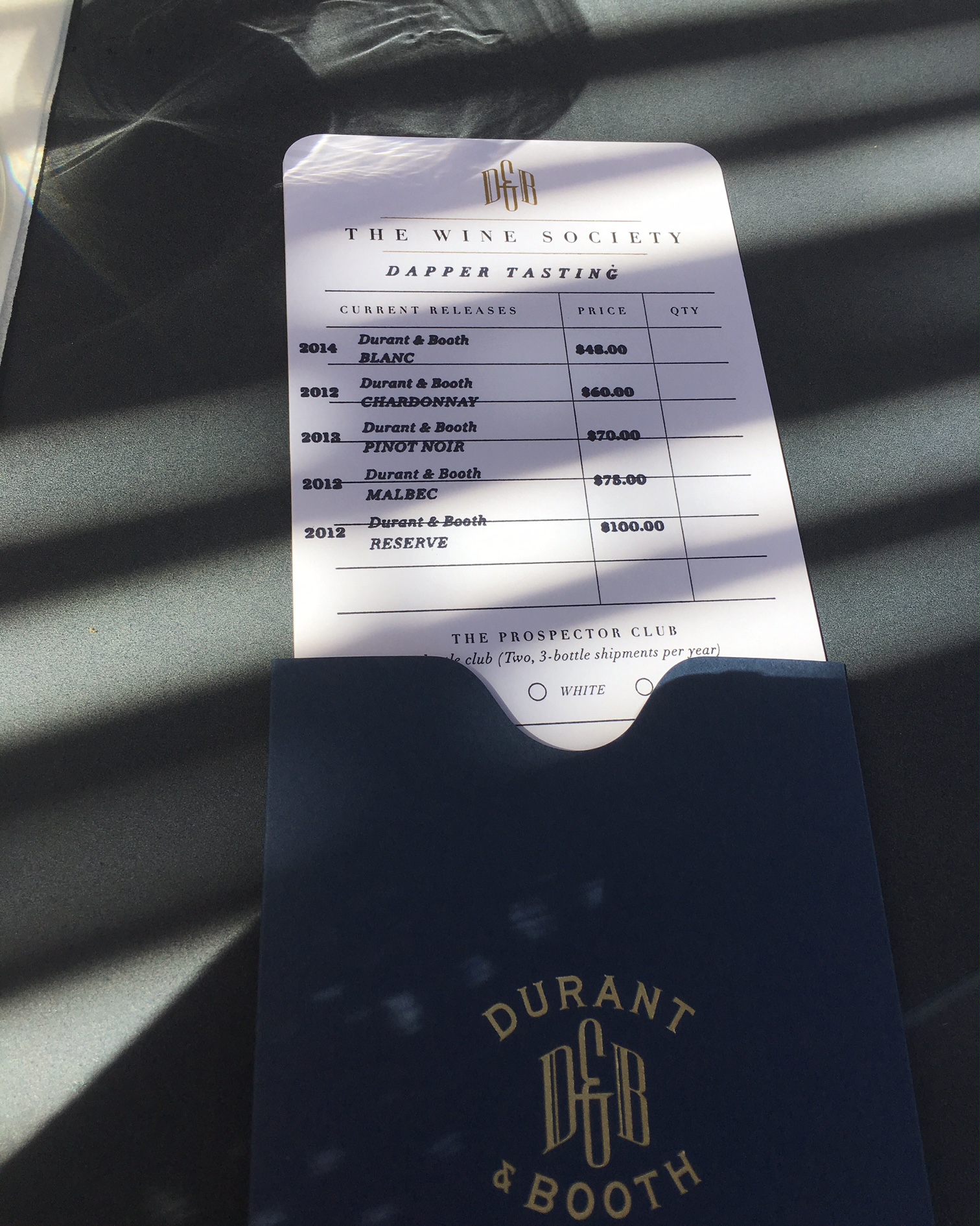 Durant & Booth wine tasting card
