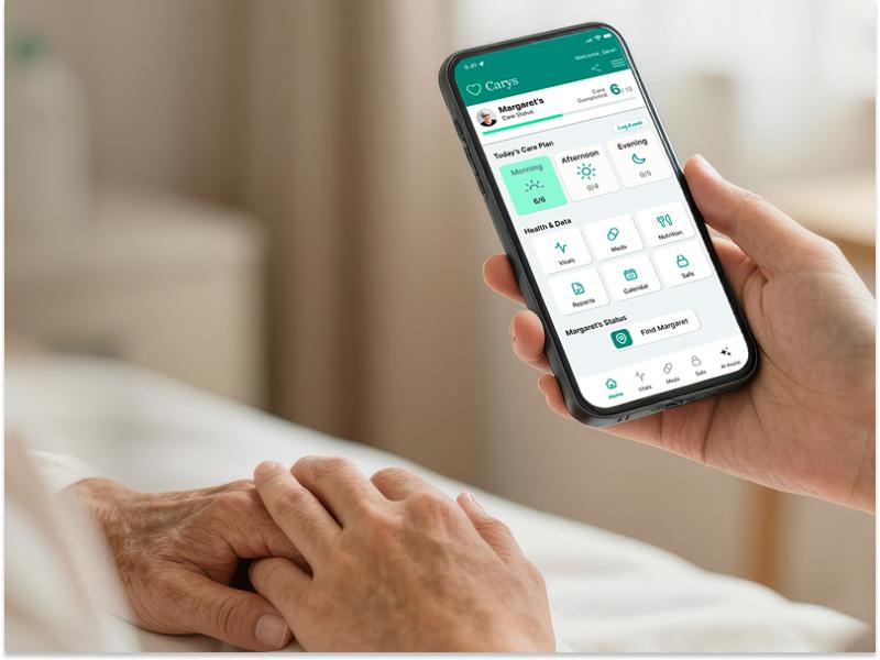 person holding phone with app while also holding hand of patient