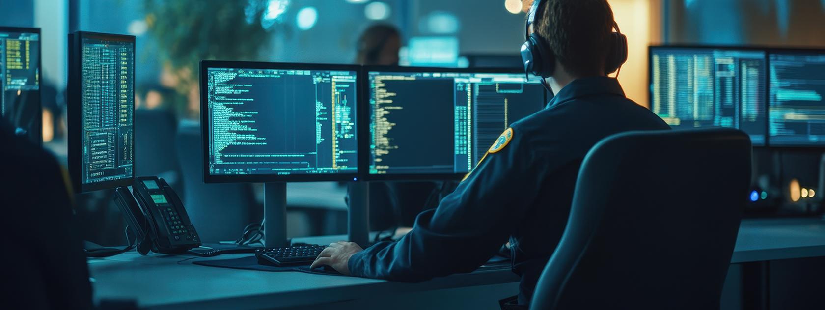 Person in a control room monitors multiple screens